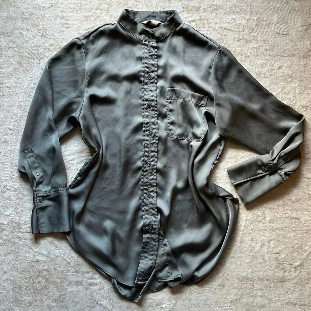 Gray satin long-sleeve button-down blouse